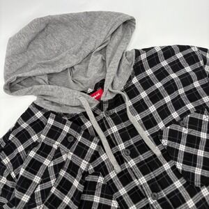 UNIONBAY Mens L Plaid Flannel Hooded Shirt Black White‎ Long Sleeve Button Up